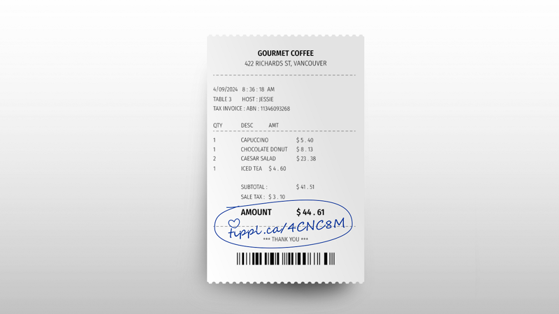 A receipt from a coffee shop with a hand written link to the tippl page of a waitress