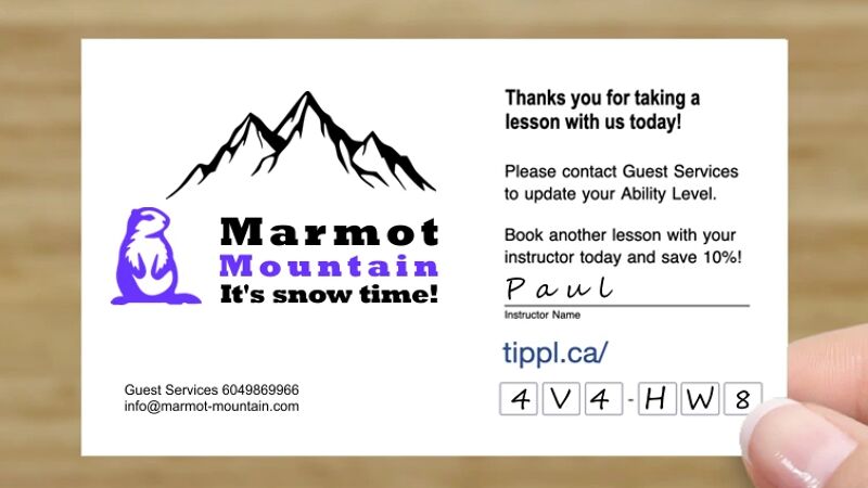 Photograph of a voucher for a discounted skiing lesson which shows a handwritten 6 character code which the customer can use to pay their ski instructor a cashless tip