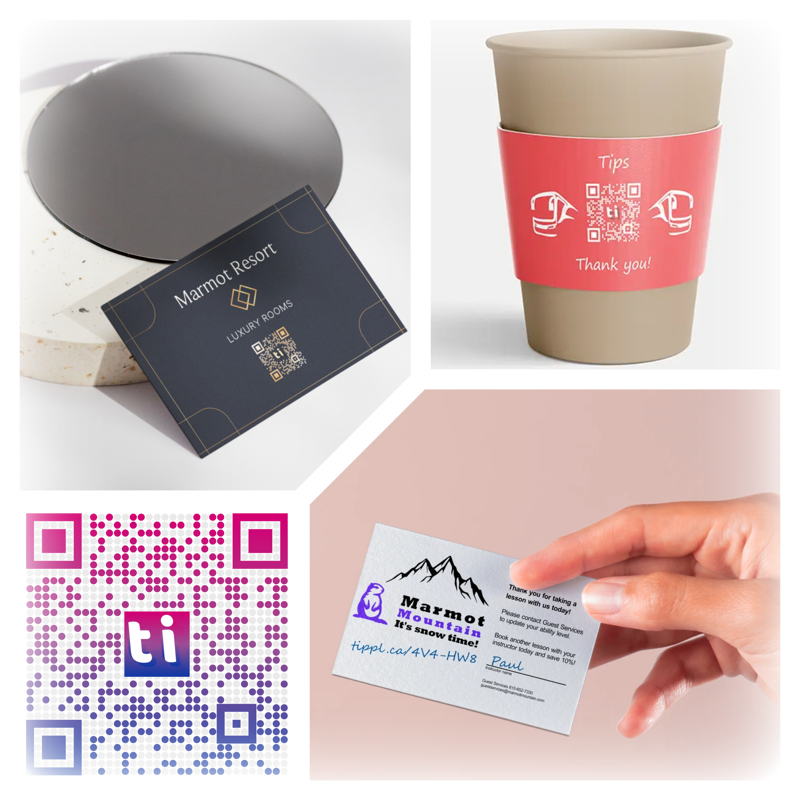 A collage of examples showing different places that a tippl code could be found - on a business card, a tip jar, or a QR code