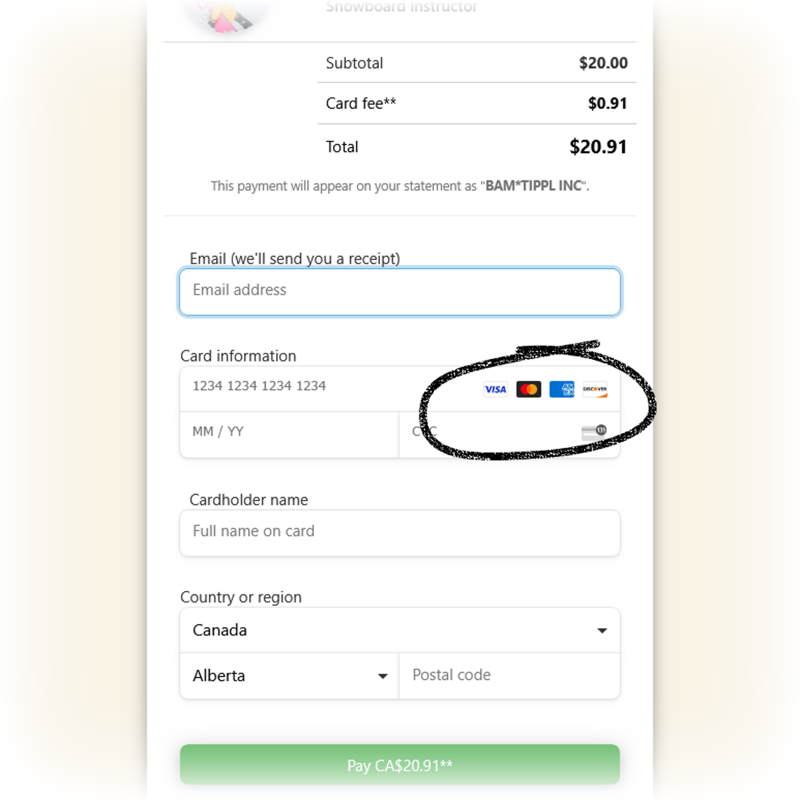 The tippl payment form where you can enter your credit card details, or pay with Apple Pay